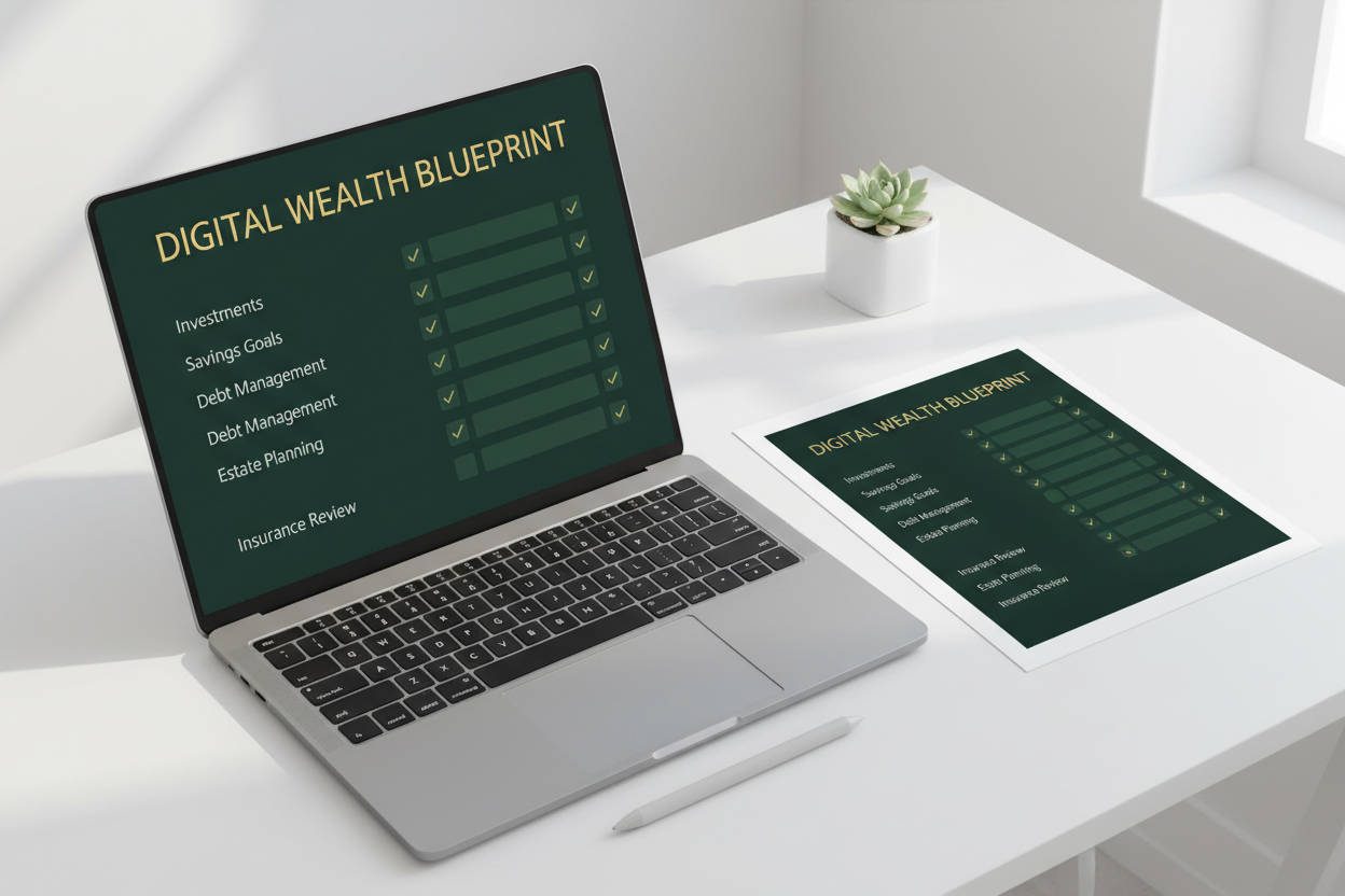 Wealth Checklist – Interactive HTML and Printable PDF mockup on laptop and desk
